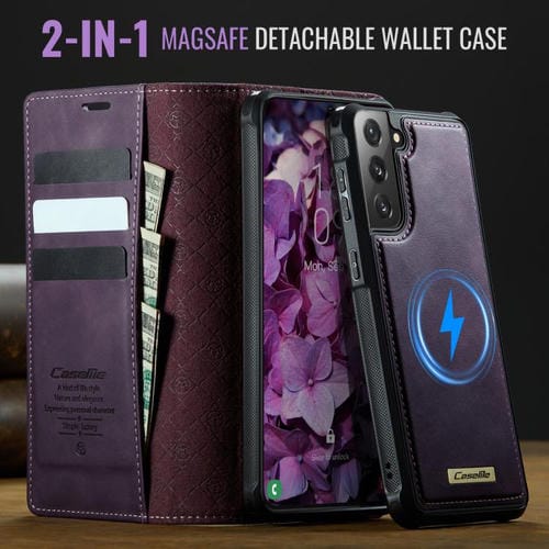 Funda de cuero desmontable CaseMe C49 para Samsung Galaxy S21 FE 5G con bloqueo RFID magnético (morado)