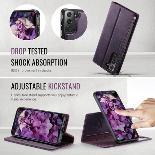 Funda de cuero desmontable CaseMe C49 para Samsung Galaxy S21 FE 5G con bloqueo RFID magnético (morado)