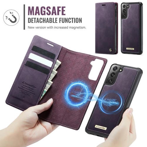 Funda de cuero desmontable CaseMe C49 para Samsung Galaxy S21 FE 5G con bloqueo RFID magnético (morado)