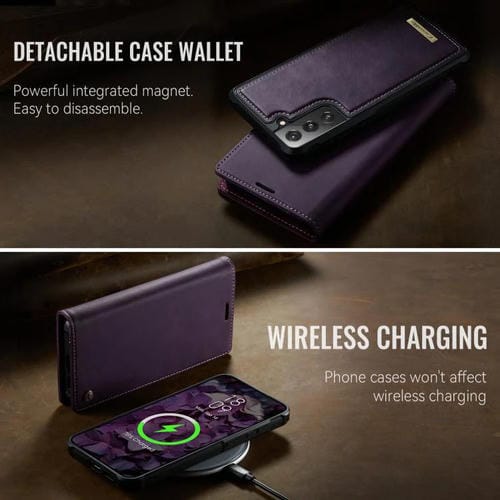 Funda de cuero desmontable CaseMe C49 para Samsung Galaxy S21 FE 5G con bloqueo RFID magnético (morado)