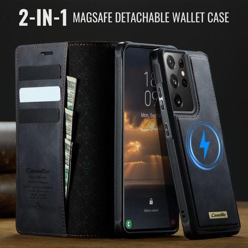Funda de cuero desmontable con bloqueo RFID magnético para Samsung Galaxy S21 Ultra 5G CaseMe C49 (negro)