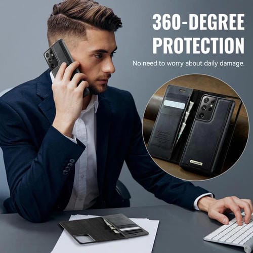 Funda de cuero desmontable con bloqueo RFID magnético para Samsung Galaxy S21 Ultra 5G CaseMe C49 (negro)