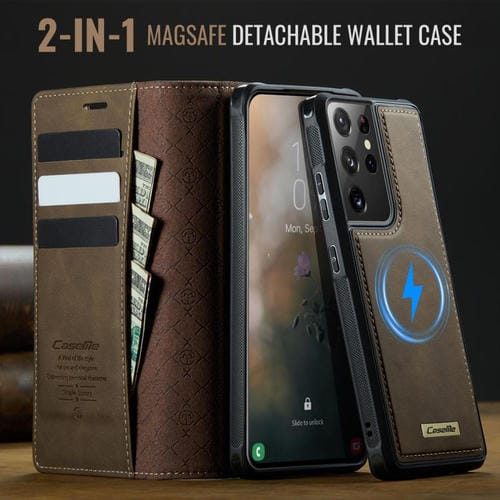 Funda de cuero desmontable con bloqueo RFID magnético para Samsung Galaxy S21 Ultra 5G CaseMe C49 (café)
