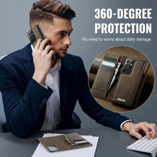 Funda de cuero desmontable con bloqueo RFID magnético para Samsung Galaxy S21 Ultra 5G CaseMe C49 (café)