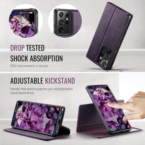 Funda de cuero desmontable CaseMe C49 con bloqueo RFID magnético para Samsung Galaxy S21 Ultra 5G (morado)