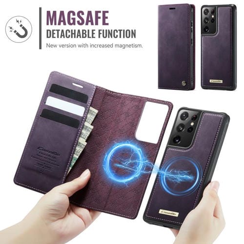 Funda de cuero desmontable CaseMe C49 con bloqueo RFID magnético para Samsung Galaxy S21 Ultra 5G (morado)