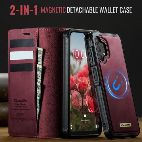 Funda de cuero desmontable CaseMe C49 con bloqueo RFID magnético para Samsung Galaxy A13/A04s (roja)