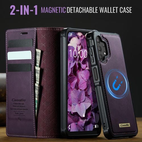 Funda de cuero desmontable CaseMe C49 con bloqueo RFID magnético para Samsung Galaxy A13/A04s (morado)