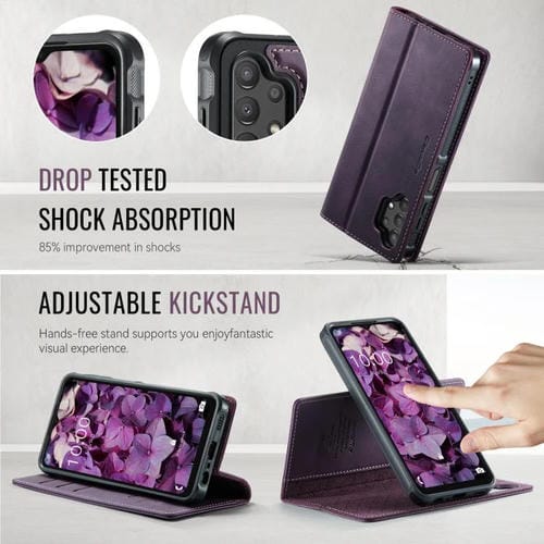 Funda de cuero desmontable CaseMe C49 con bloqueo RFID magnético para Samsung Galaxy A13/A04s (morado)