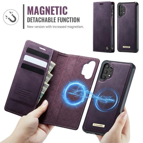 Funda de cuero desmontable CaseMe C49 con bloqueo RFID magnético para Samsung Galaxy A13/A04s (morado)