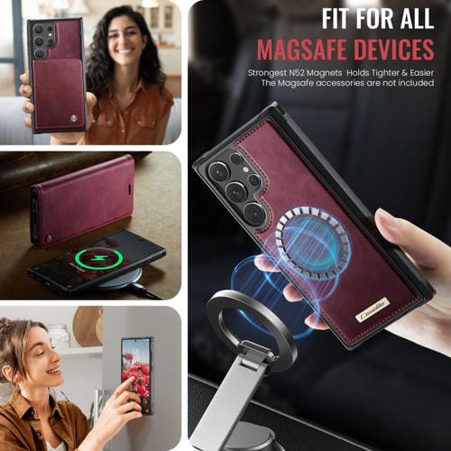 Funda de cuero desmontable con bloqueo RFID magnético para Samsung Galaxy S22 Ultra 5G CaseMe C49 (roja)