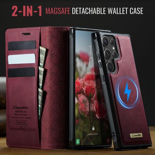 Funda de cuero desmontable con bloqueo RFID magnético para Samsung Galaxy S22 Ultra 5G CaseMe C49 (roja)