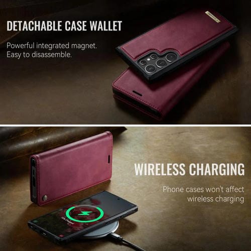 Funda de cuero desmontable con bloqueo RFID magnético para Samsung Galaxy S22 Ultra 5G CaseMe C49 (roja)