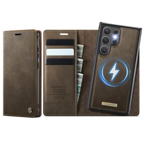 Funda de cuero desmontable con bloqueo RFID magnético para Samsung Galaxy S22 Ultra 5G CaseMe C49 (café)