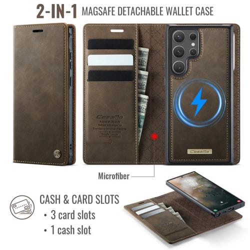 Funda de cuero desmontable con bloqueo RFID magnético para Samsung Galaxy S22 Ultra 5G CaseMe C49 (café)