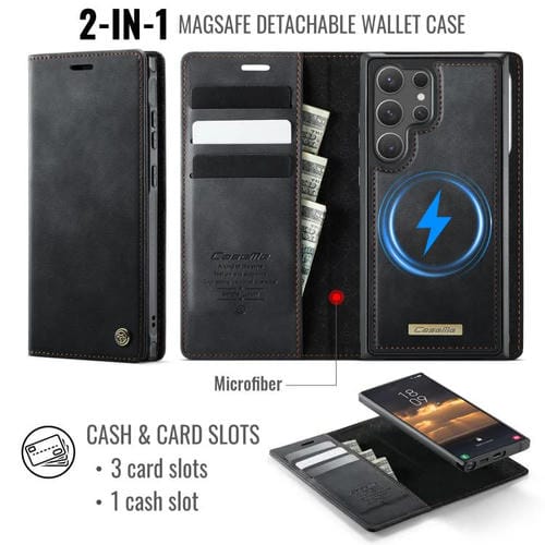 Funda de cuero desmontable con bloqueo RFID magnético para Samsung Galaxy S23 Ultra 5G CaseMe C49 (negro)