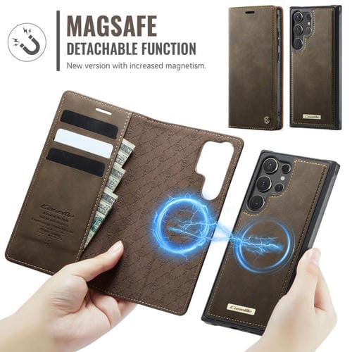 Funda de cuero desmontable con bloqueo RFID magnético para Samsung Galaxy S23 Ultra 5G CaseMe C49 (café)