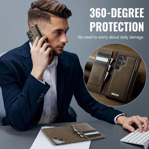Funda de cuero desmontable con bloqueo RFID magnético para Samsung Galaxy S23 Ultra 5G CaseMe C49 (café)