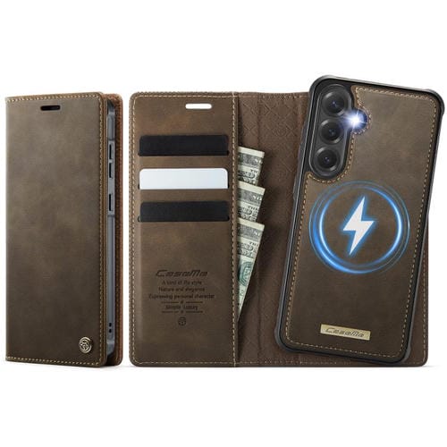 Funda de cuero desmontable con bloqueo RFID magnético para Samsung Galaxy S23 FE 5G CaseMe C49 (café)