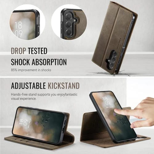 Funda de cuero desmontable con bloqueo RFID magnético para Samsung Galaxy S23 FE 5G CaseMe C49 (café)