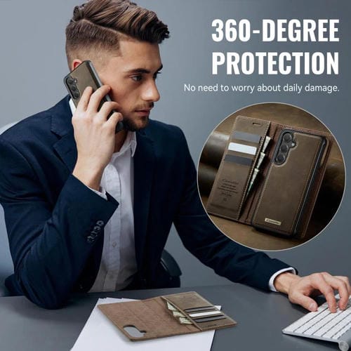 Funda de cuero desmontable con bloqueo RFID magnético para Samsung Galaxy S23 FE 5G CaseMe C49 (café)