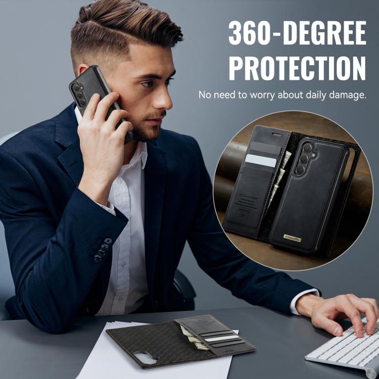 Funda de cuero desmontable CaseMe C49 con bloqueo RFID magnético para Samsung Galaxy S24 FE 5G (negra)