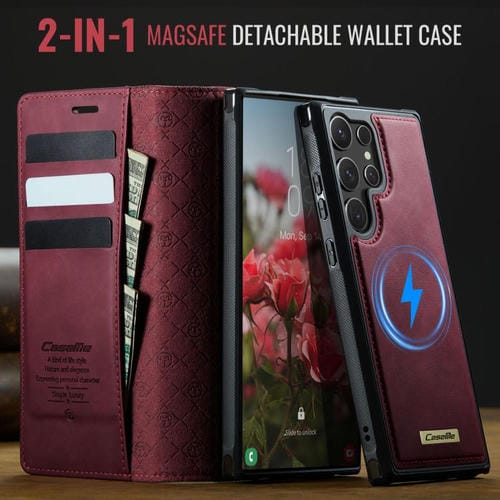 Funda de cuero desmontable con bloqueo RFID magnético para Samsung Galaxy S24 Ultra 5G CaseMe C49 (roja)
