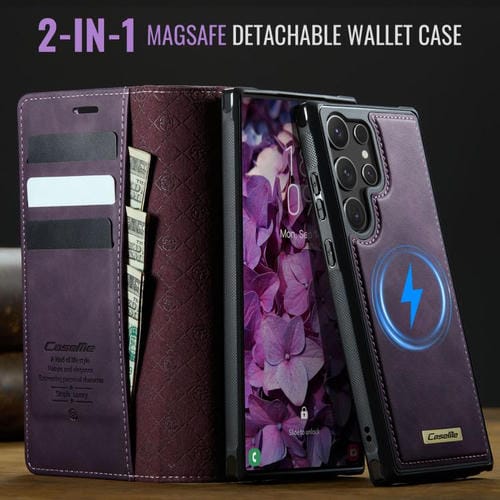 Funda de cuero desmontable con bloqueo RFID magnético para Samsung Galaxy S24 Ultra 5G CaseMe C49 (morado)