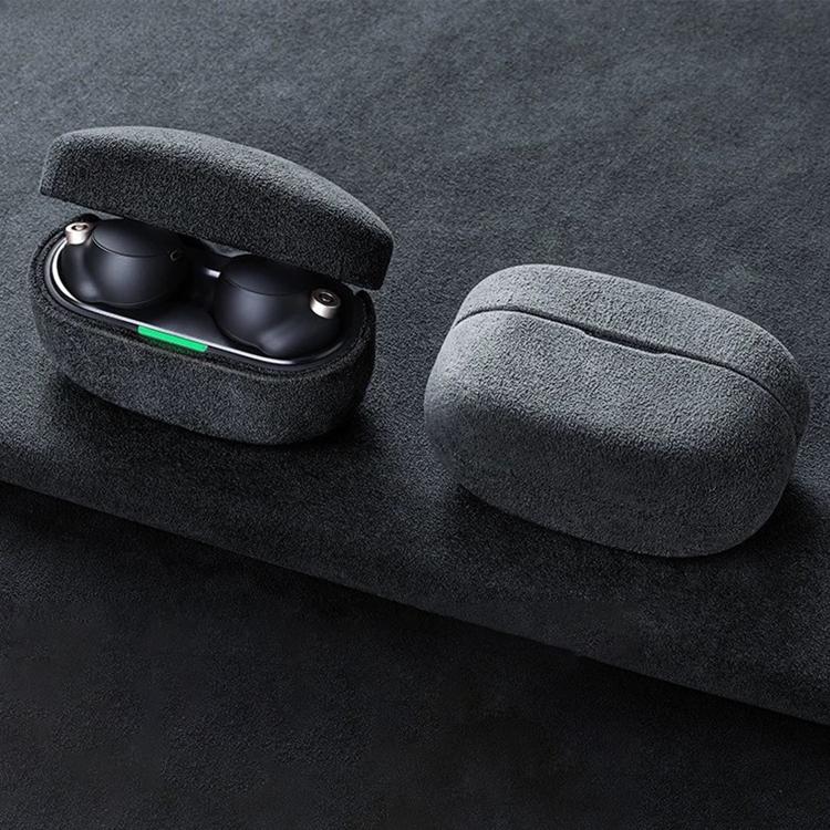 Funda protectora de cuero con tapa de gamuza para auriculares Bluetooth Sony WF-1000 XM5 (gris claro)