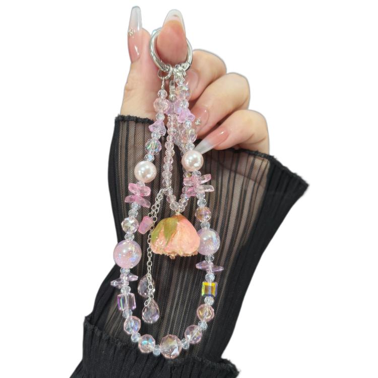 Cadena para teléfono móvil de doble capa con flor real rosa