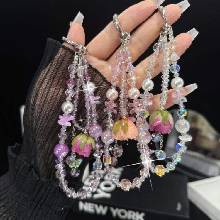 Cadena para teléfono móvil de doble capa con borlas de rosas y flores reales