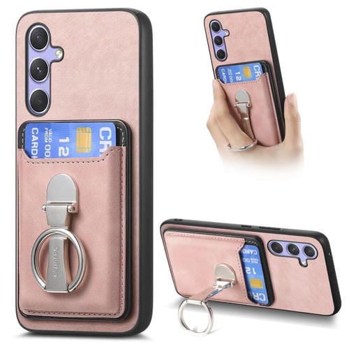Funda retro plegable con anillo y tarjetero MagSafe para Samsung Galaxy A14 4G/5G (rosa)