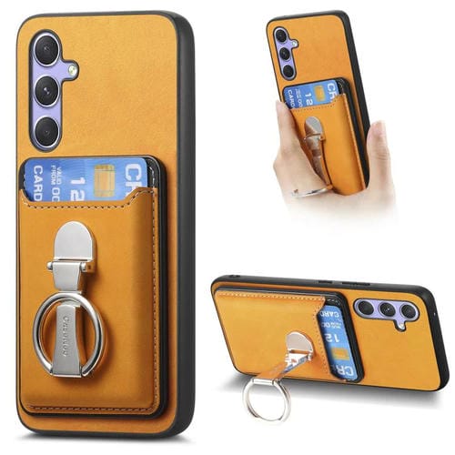Funda retro plegable con anillo y tarjetero MagSafe para Samsung Galaxy A15 (amarilla)