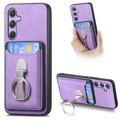 Funda retro plegable con anillo y tarjetero MagSafe para Samsung Galaxy A34 5G (morado)
