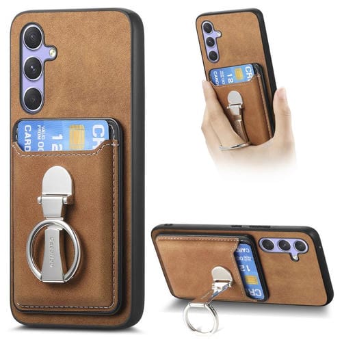 Funda retro plegable con anillo y tarjetero MagSafe para Samsung Galaxy A55 5G (marrón)