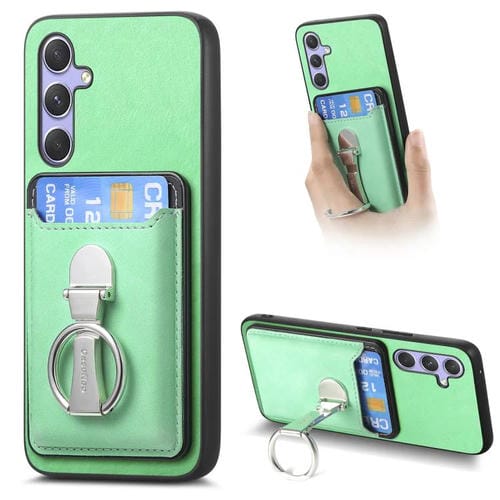 Funda retro plegable con anillo y tarjetero MagSafe para Samsung Galaxy A56 5G (verde)