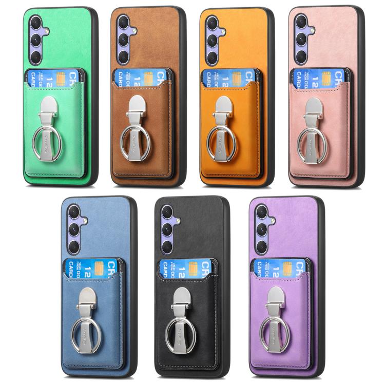 Funda retro plegable con anillo y tarjetero MagSafe para Samsung Galaxy A56 5G (morado)