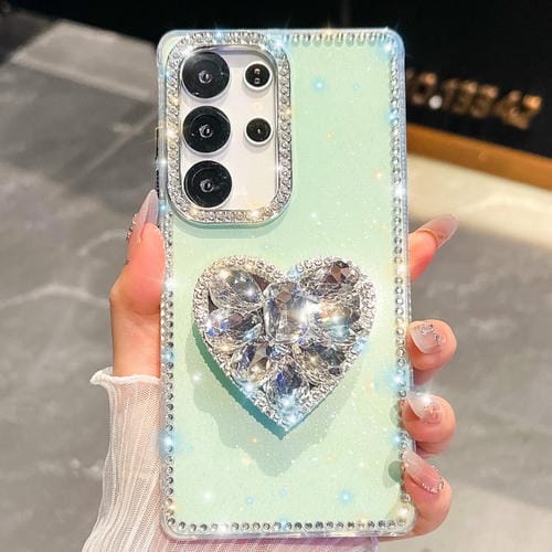 Funda para Samsung Galaxy S23 Ultra 5G con diseño de corazón, piedras preciosas y brillo de diamantes (verde claro)