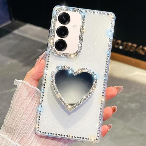 Funda para Samsung Galaxy S25 5G con purpurina de diamante y espejo con forma de corazón (blanca)