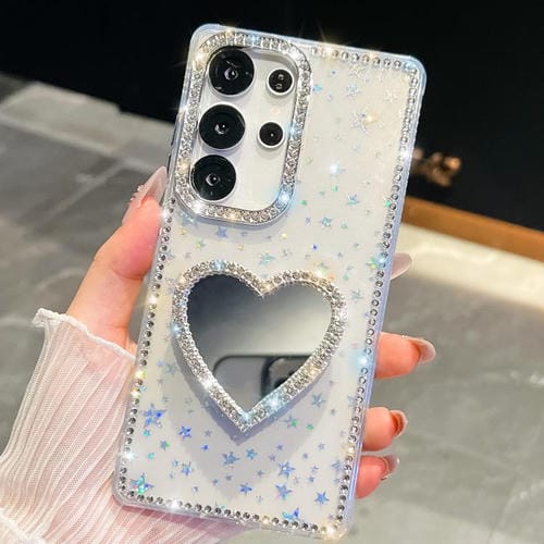 Funda para Samsung Galaxy S25 Ultra 5G con purpurina de diamante y espejo con forma de corazón (estrellas transparentes)