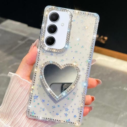 Funda para Samsung Galaxy A55 5G con purpurina de diamante y espejo con forma de corazón (estrellas transparentes)