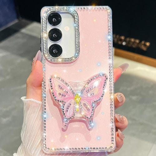 Funda con soporte para Samsung Galaxy A15 5G, diseño de mariposa y diamantes (rosa claro)