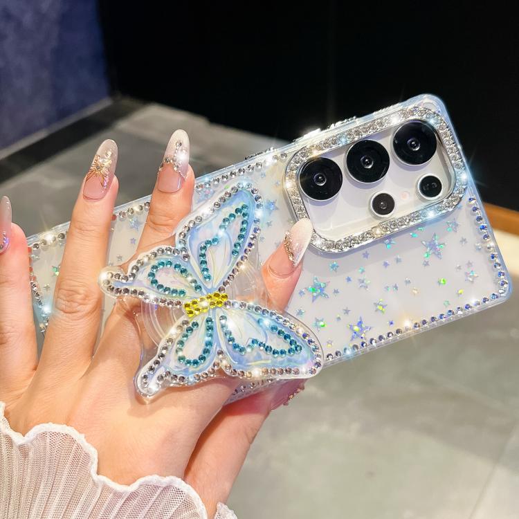 Funda con soporte para Samsung Galaxy S24 FE 5G, diseño de mariposa con purpurina y diamantes (amarillo claro)