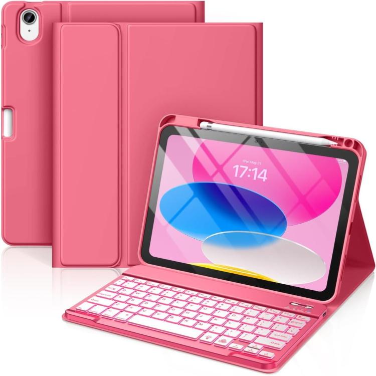Funda de silicona y cuero con teclado Bluetooth para iPad Air 2022/2020 de 10,9 pulgadas con ranura para bolígrafo (rojo begonia)