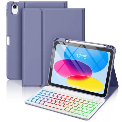 Funda de silicona y cuero con teclado Bluetooth para iPad Air 2022/2020 de 10,9 pulgadas con ranura para bolígrafo (morado lavanda)