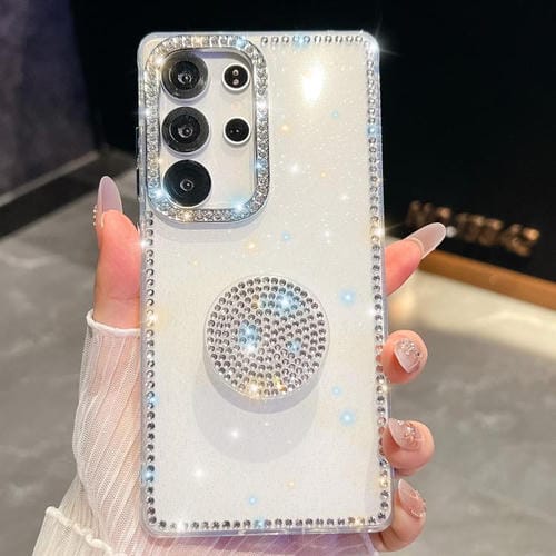 Funda con soporte redondo y purpurina de diamante para Samsung Galaxy S23 Ultra 5G (blanca)