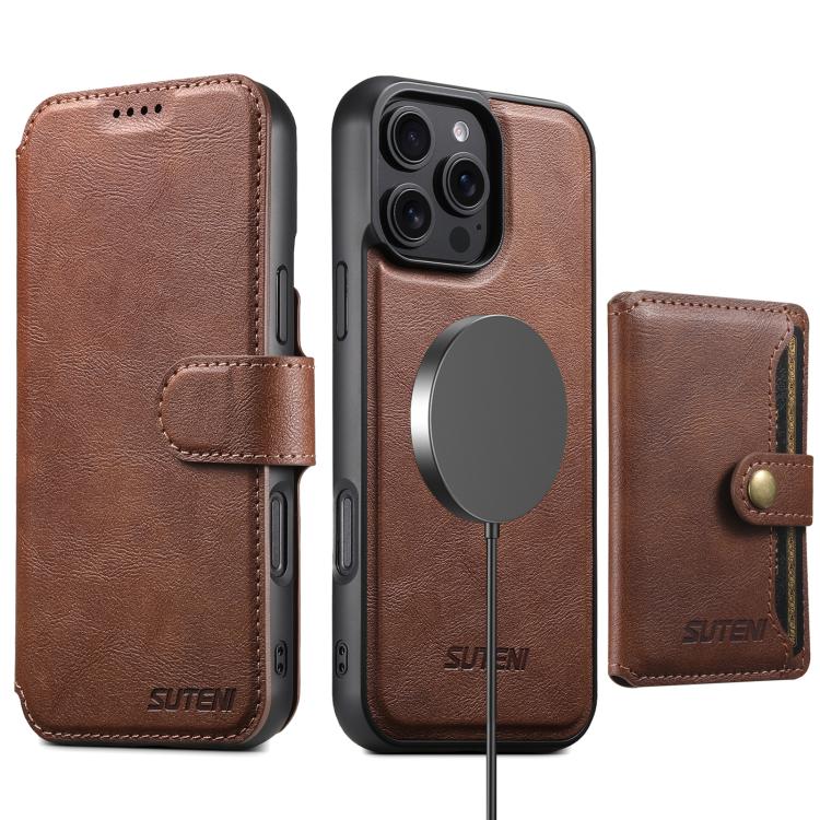 Funda de cuero Suteni Q05S1 3 en 1 con función de billetera desmontable y MagSafe para iPhone 12 Pro (marrón)