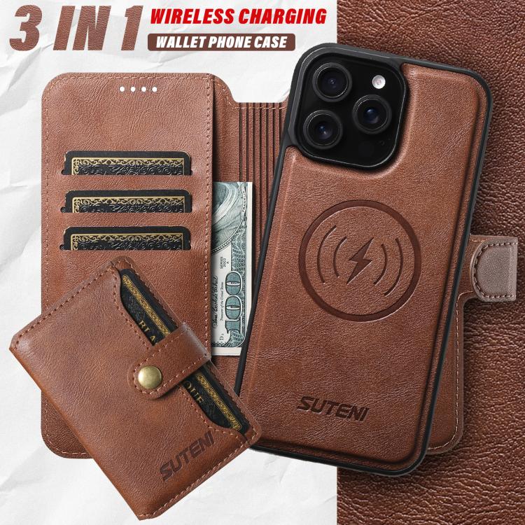 Funda de cuero Suteni Q05S1 3 en 1 con función de billetera desmontable y MagSafe para iPhone 12 Pro (marrón)