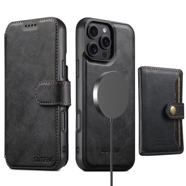 Funda de cuero Suteni Q05S1 3 en 1 con función de billetera desmontable y MagSafe para iPhone 13 Pro Max (negra)