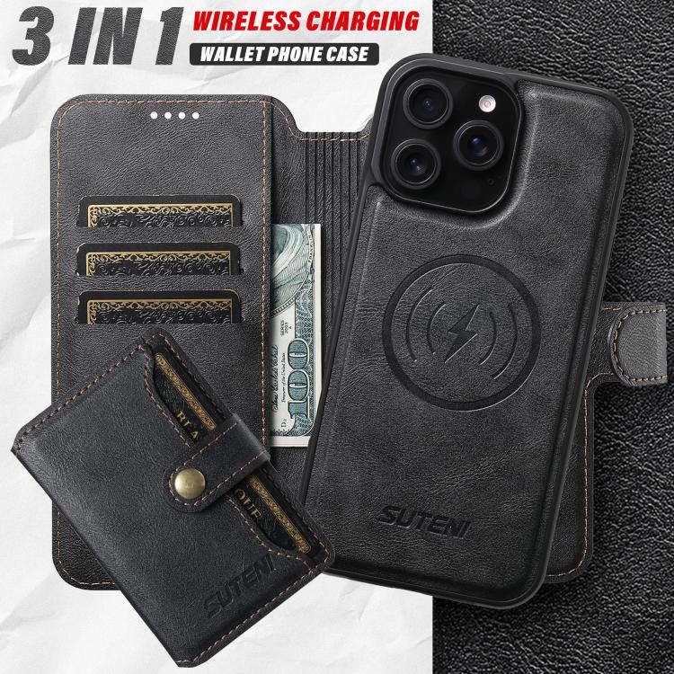 Funda de cuero Suteni Q05S1 3 en 1 con función de billetera desmontable y MagSafe para iPhone 14 (negra)